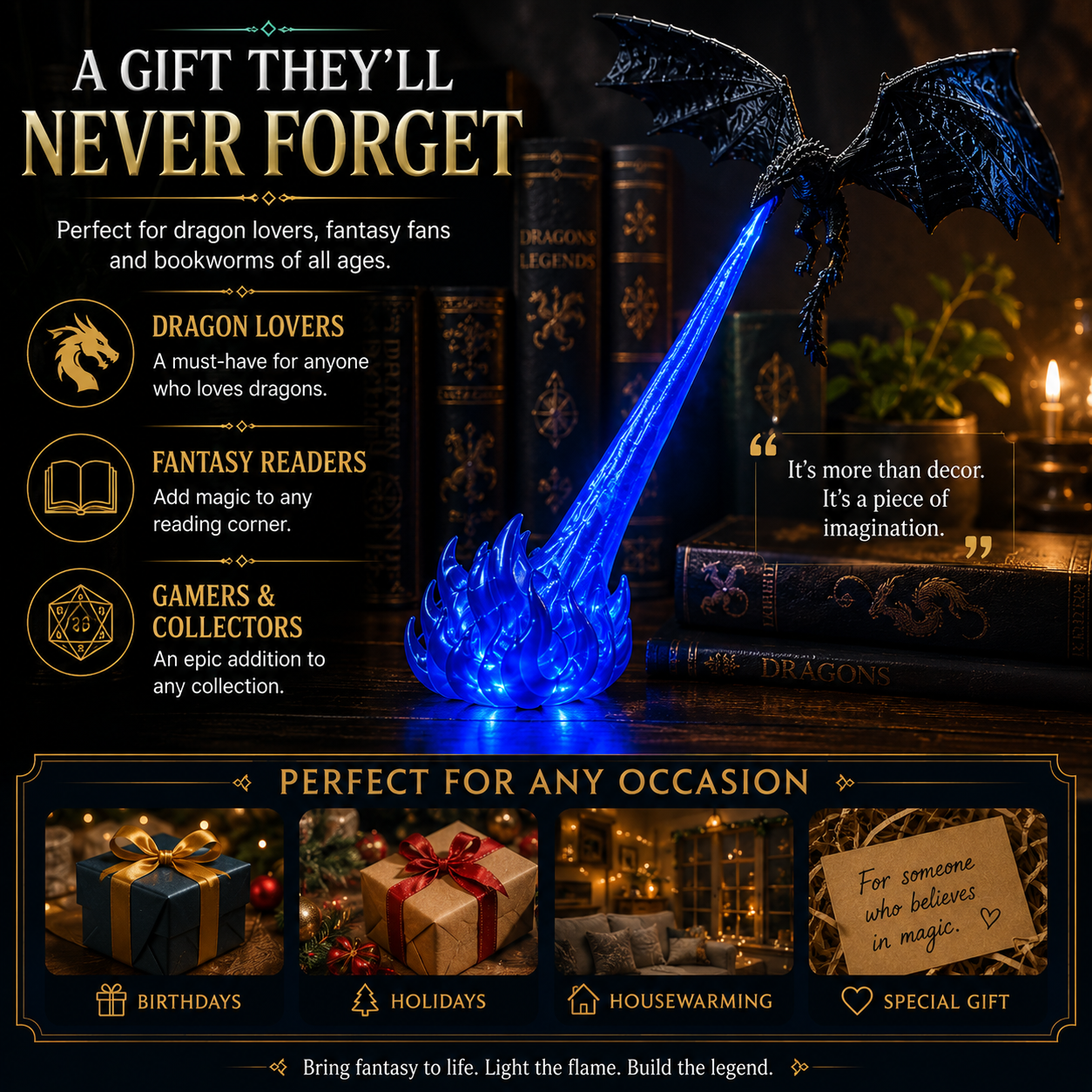 ๐ฅ ๐| 3D Fire-Breathing Dragon LED Display โ Fantasy Bookshelf Decor with Glowing Flame