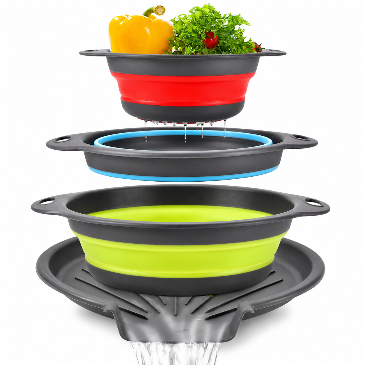 ๐ฅ 3-Piece Collapsible Colander Set โ With Self-Draining Base Tray โจ