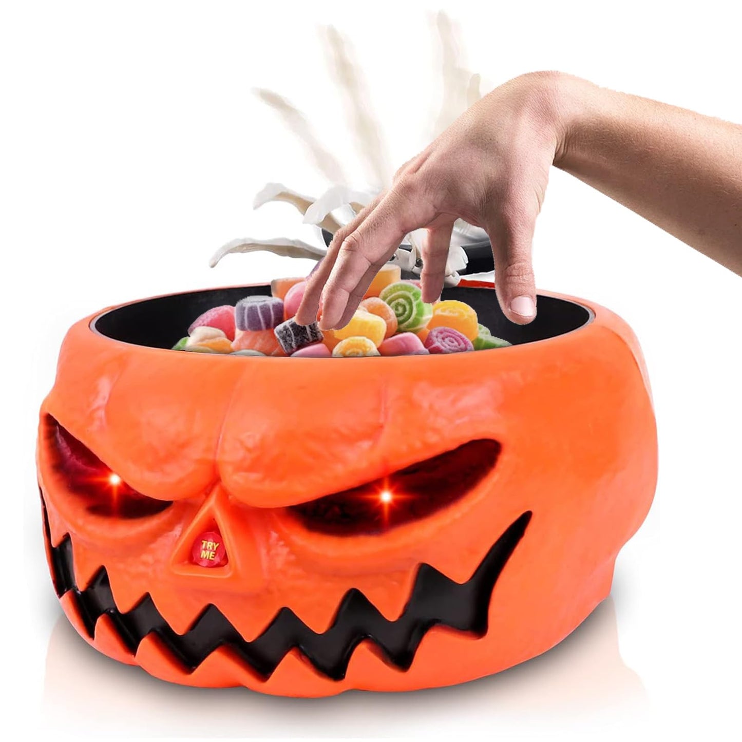 Halloween Candy Bowl, Animated Halloween Skull Pumpkin Bowl, Automatic Sensor/Button Press Scary Candy Dish with Creepy Moving Skeleton Hand and Scream for Trick or Treat to Kids(Pumpkin Style)