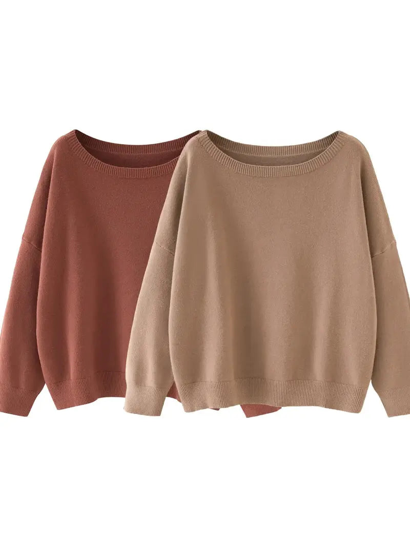 Women's Plain Scoop Neck Sweater Casual Long Sleeve Knit Top for Fall & Winter