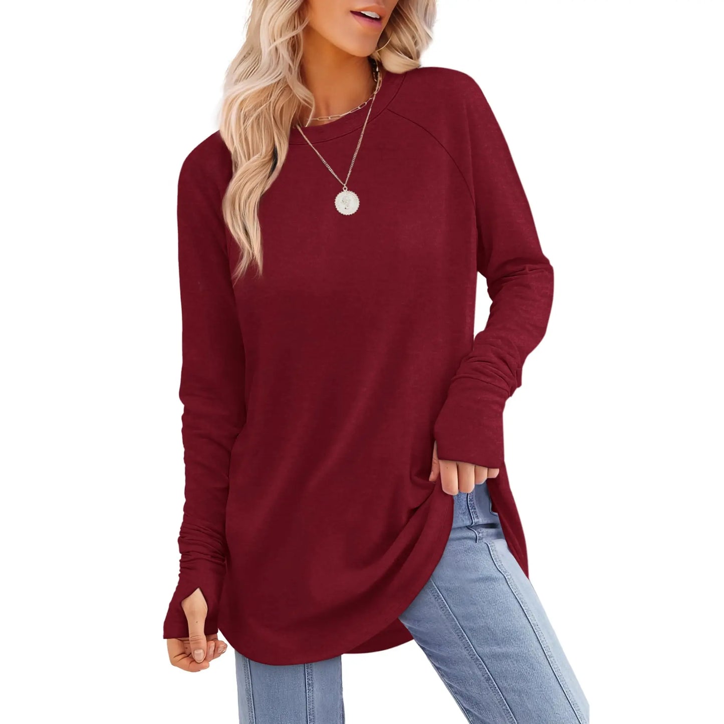 Women’s Casual Tunic Tops with Thumb Holes & Curved Hem