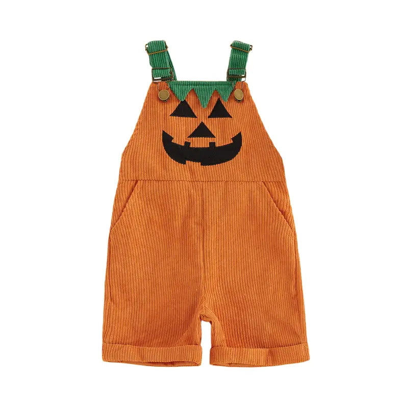 Toddler Baby Boy Halloween Overalls with Pockets Ribbed Devil Face Pattern Sleeveless Jumpsuit