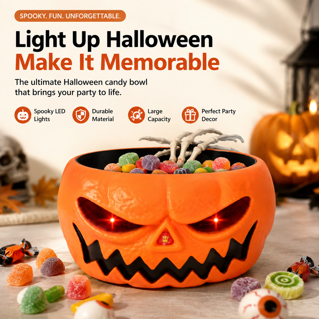 Halloween Candy Bowl, Animated Halloween Skull Pumpkin Bowl, Automatic Sensor/Button Press Scary Candy Dish with Creepy Moving Skeleton Hand and Scream for Trick or Treat to Kids(Pumpkin Style)