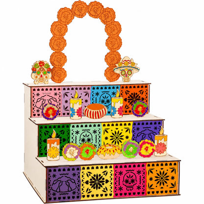 3‑Tier Wooden Day of the Dead Ofrenda Altar Set, Complete Decor Kit with Skull, Marigolds, Candles & Papel Picado
