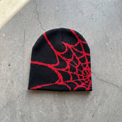 Black and crimson spider-web beanie