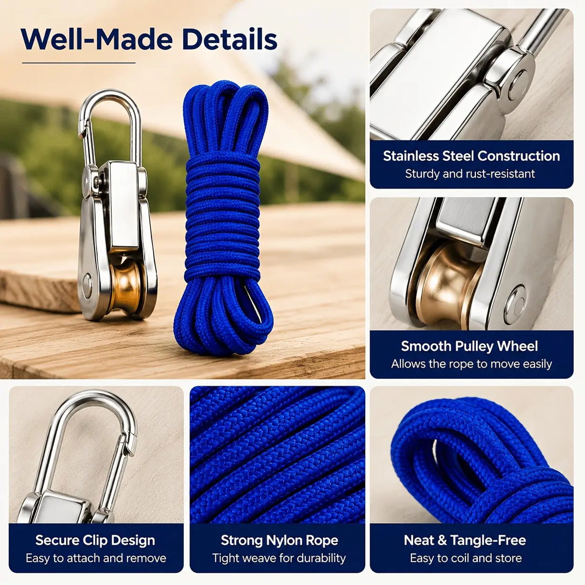 Close-up details of clip, pulley wheel, reflective cord and storage