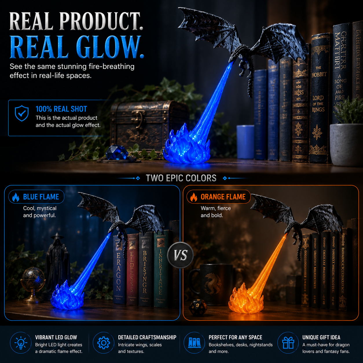 🔥  🐉| 3D Fire-Breathing Dragon LED Display – Fantasy Bookshelf Decor with Glowing Flame