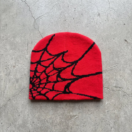 Crimson and black spider-web beanie