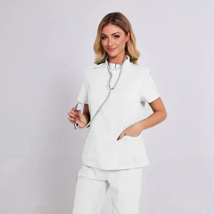Unisex Surgical Scrubs Set with Stand Collar Zipper Top and Straight Leg Pants