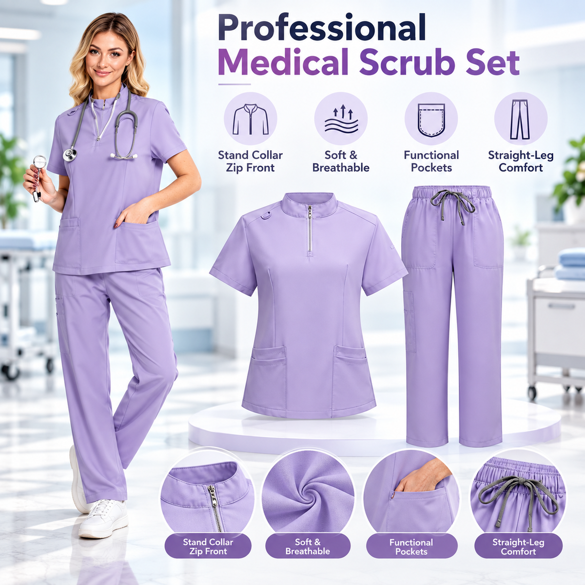 Unisex Surgical Scrubs Set with Stand Collar Zipper Top and Straight Leg Pants