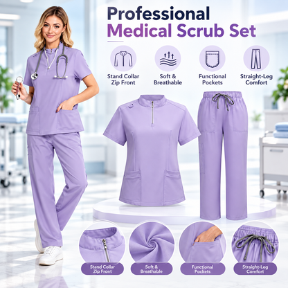 Unisex Surgical Scrubs Set with Stand Collar Zipper Top and Straight Leg Pants