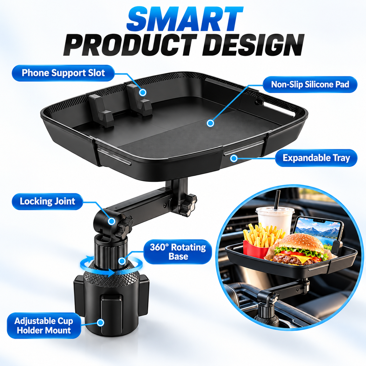 Universal 360° Swivel Car Cup Holder Tray