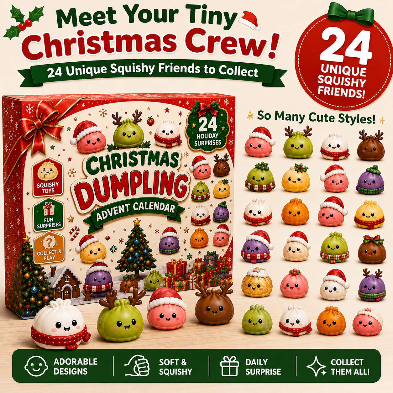 🎄 24-Day Christmas Dumpling Squishy Advent Calendar – 24 Mini Surprise Toys