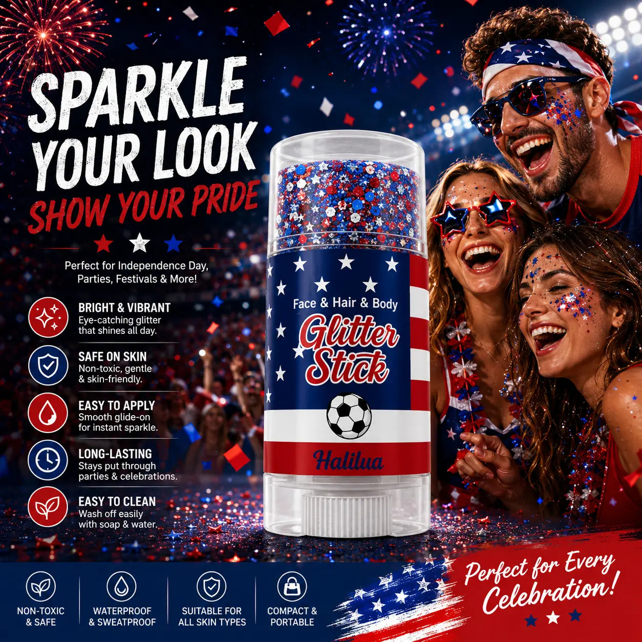 4th of July Glitter Stick | Red, White & Blue Body & Hair Sparkle for Independence Day Party, Festival & Fun Holiday Look