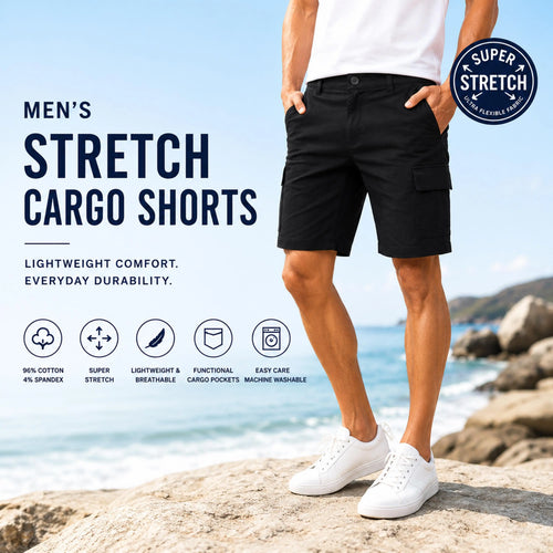 Mens 3-Pack Super Stretch Cargo Shorts with Zipper Pockets
