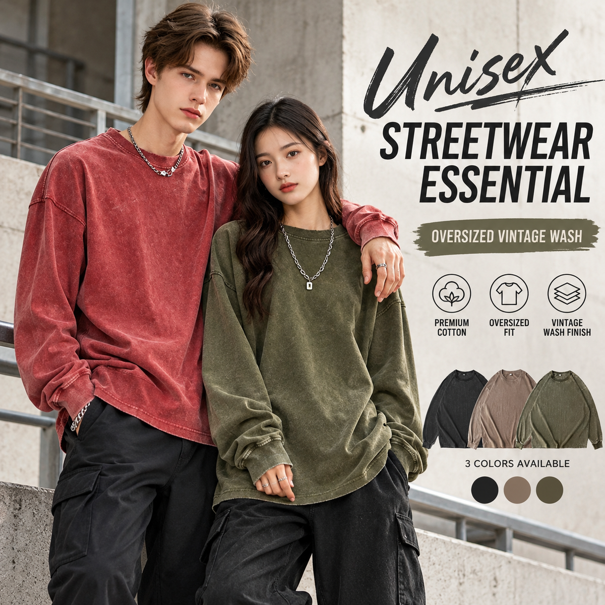 Men's Oversized Washed Distressed Cotton Crewneck Sweatshirt