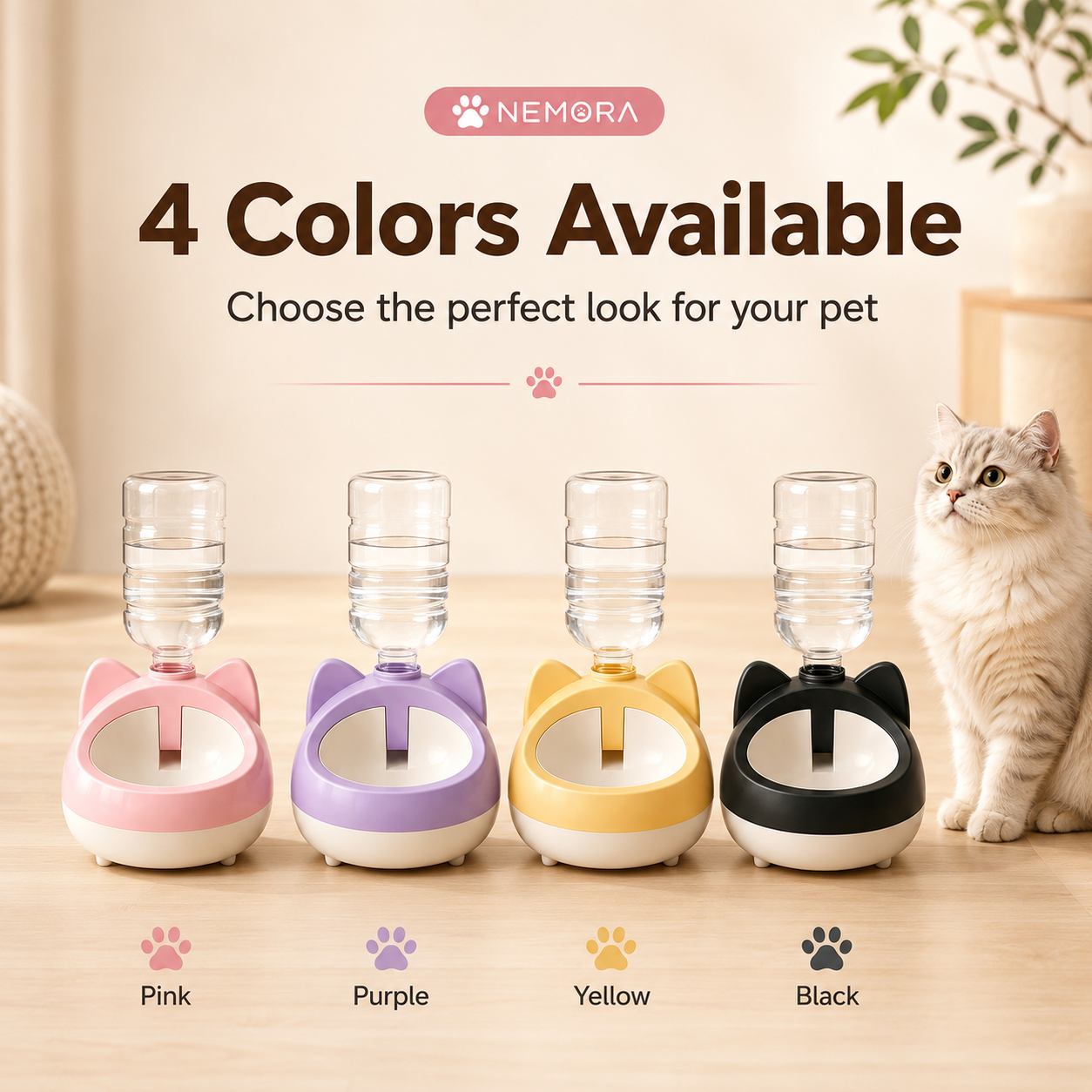 All four colors of the cat-ear gravity water dispenser
