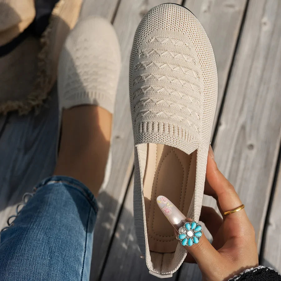 Women's Knit Round-Toe Slip-On Ballet Flats, Breathable PU
