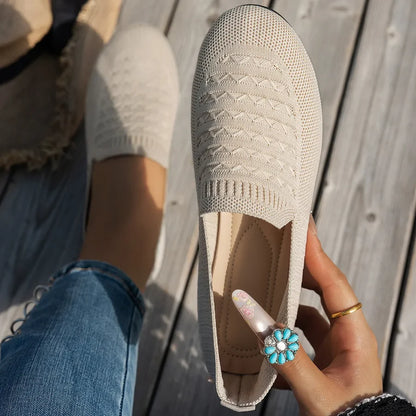 Women's Knit Round-Toe Slip-On Ballet Flats, Breathable PU