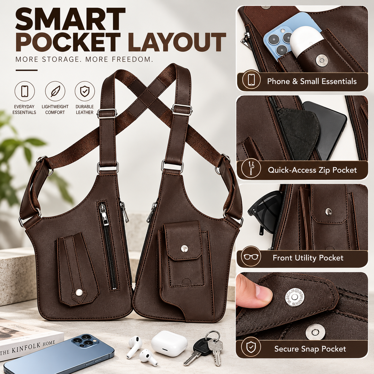 Pocket layout showing storage for a phone and small everyday essentials