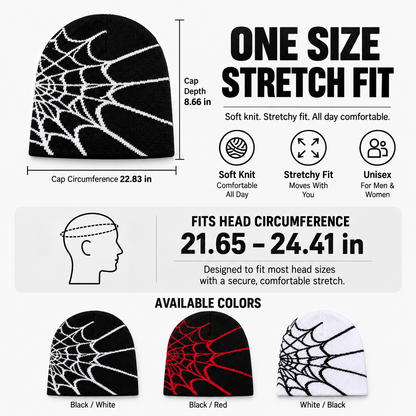 Unisex Y2K Spider Web Skull Cap Beanie - Viral Graphic Jacquard Knit Streetwear Grunge Aesthetic Hat