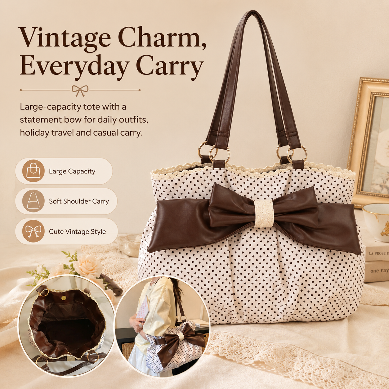 Women's Vintage Polka Dot Canvas Tote Bag with Large Bow and Lace Trim