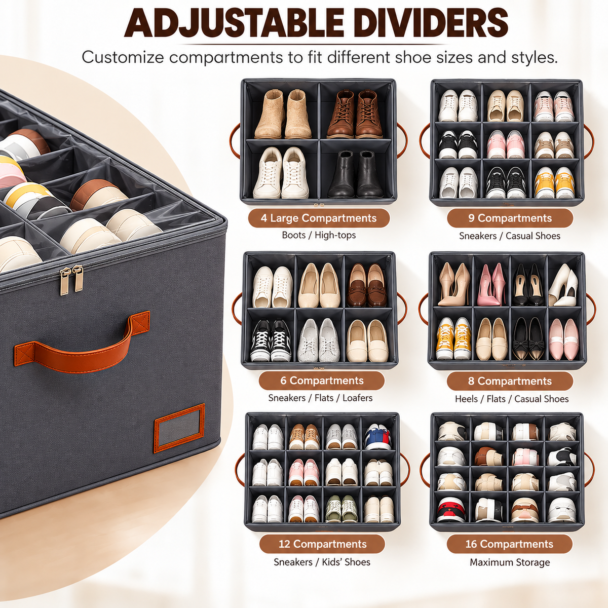 Adjustable shoe organizer divider layout options