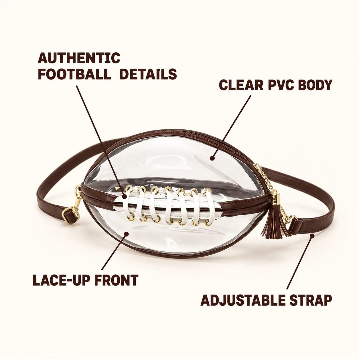 Clear Football Shaped Crossbody Bag, Transparent PVC Stadium Bag with Adjustable Strap, Game Day Crossbody Purse for Sports Events, Concerts, Outdoor Activities & Summer Travel.