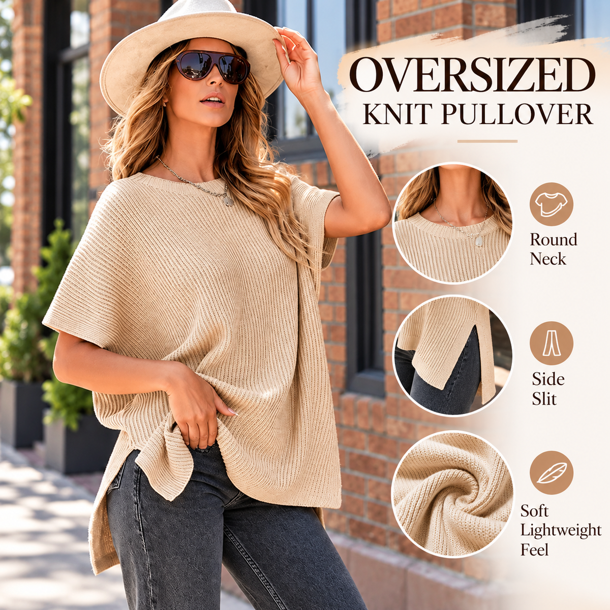 Women's Oversized Puff Sleeve Knit Pullover Round Neck Side Slit Casual