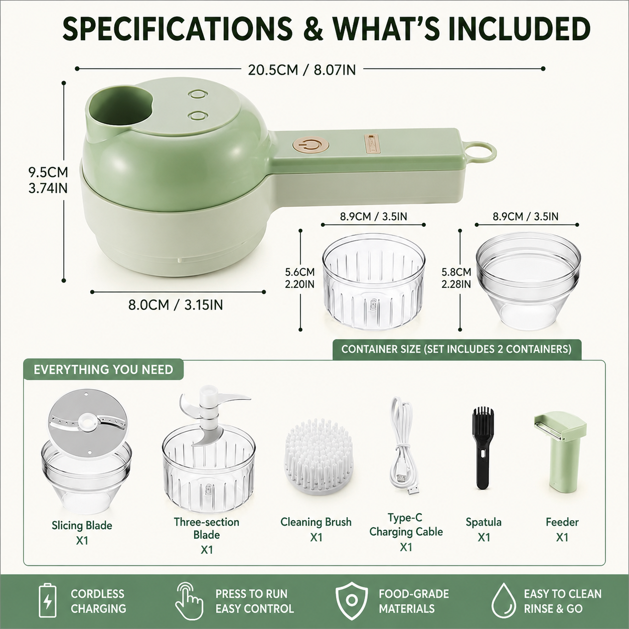 🧄 Handheld Electric Food Processor with Open Feed Chute & Dual Blades 🌶️
