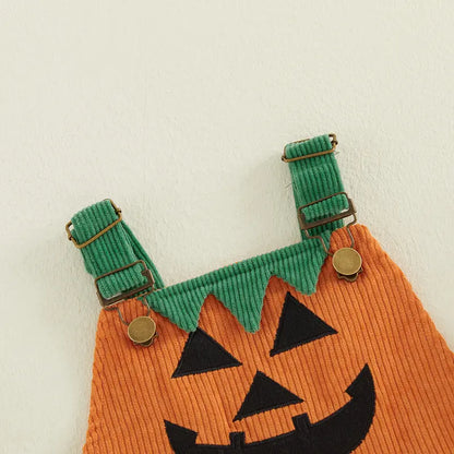 Toddler Baby Boy Halloween Overalls with Pockets Ribbed Devil Face Pattern Sleeveless Jumpsuit