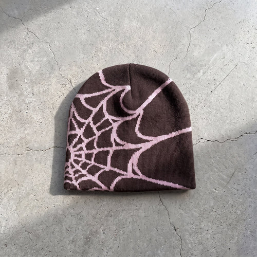 Cocoa and pink spider-web beanie