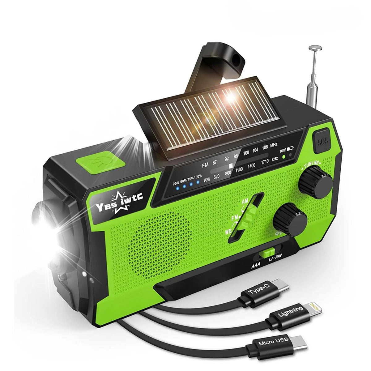 2000mAh Solar Powered Portable Survival Radio with Flashlight & SOS Alarm