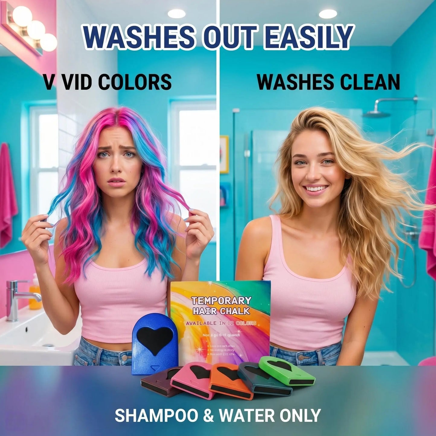 🌈 Instant Hair Color Magic – Washable Temporary Hair Chalk Set ✨