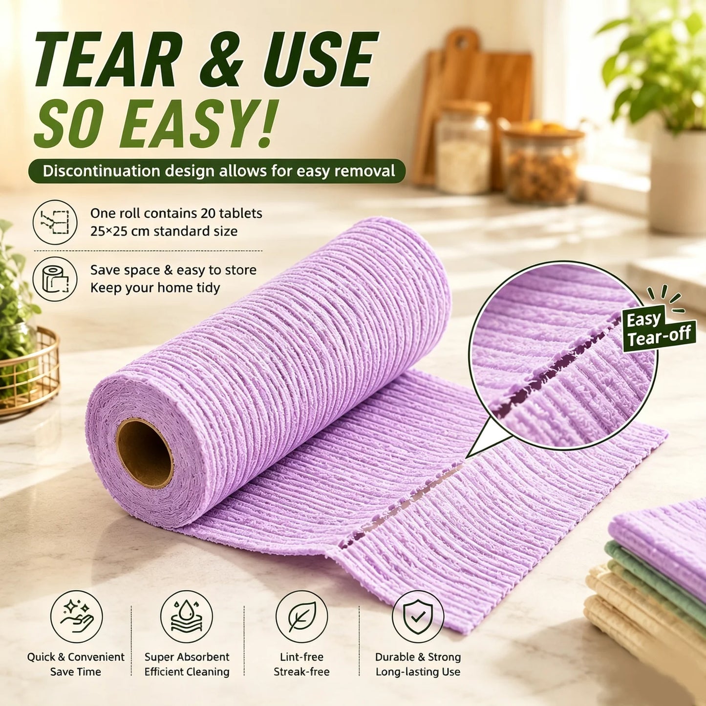 Reusable Kitchen Cleaning Cloths – 20-Piece Tear-Off Roll