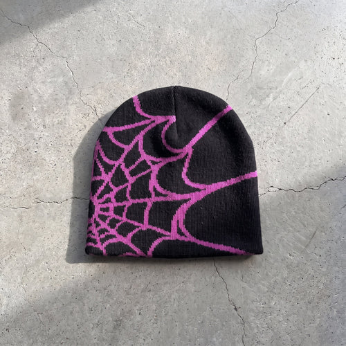 Black and magenta spider-web beanie
