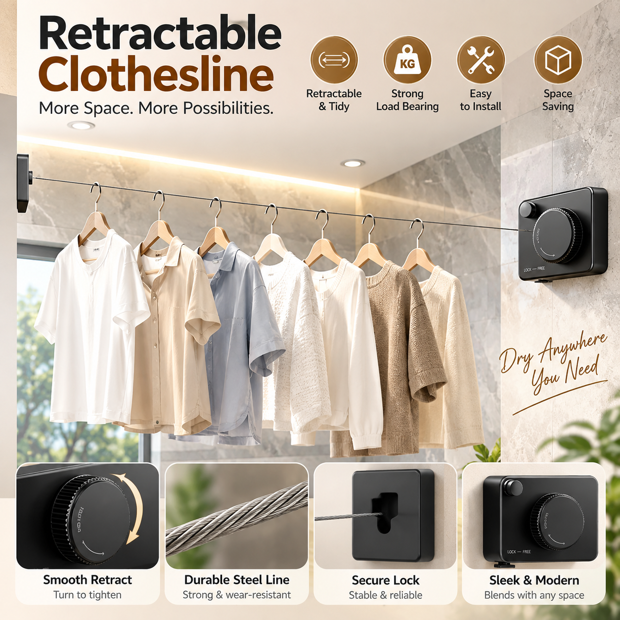 Wall-Mounted Retractable Clothesline Laundry Hanger Clothes Drying Rack Stretchable Clothes Line,Black