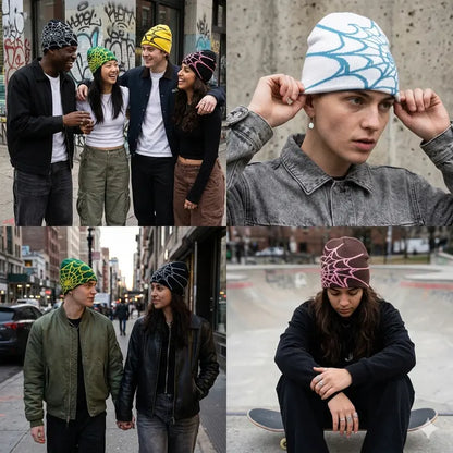 Unisex Y2K Spider Web Skull Cap Beanie - Viral Graphic Jacquard Knit Streetwear Grunge Aesthetic Hat