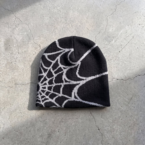 Black and bone spider-web beanie