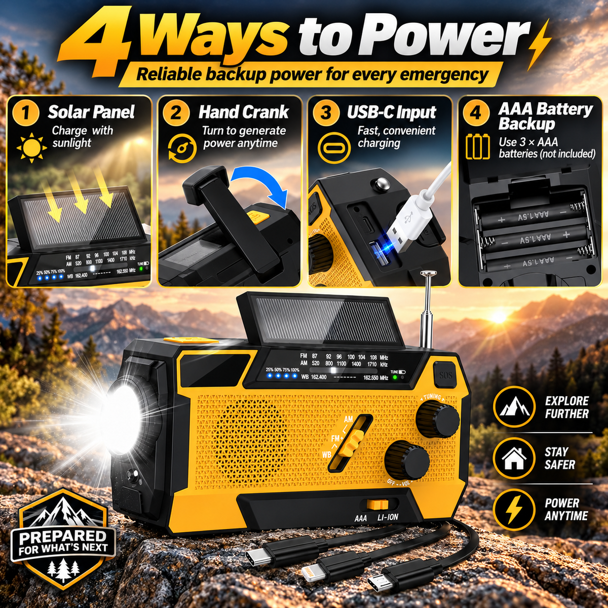2000mAh Solar Powered Portable Survival Radio with Flashlight & SOS Alarm