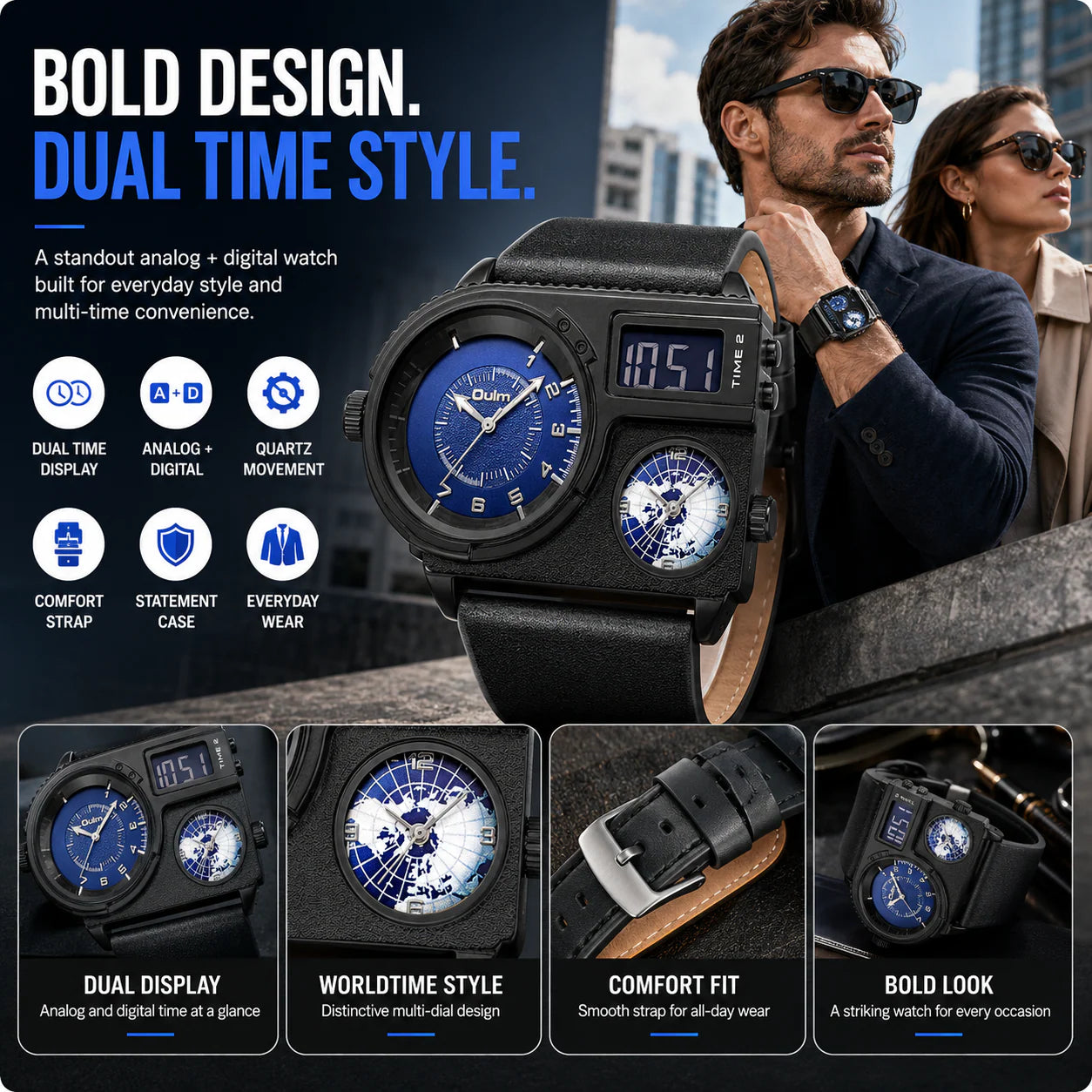 Bold Multi-Display Analog Digital Watch