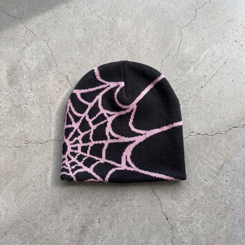 Black and pink spider-web beanie