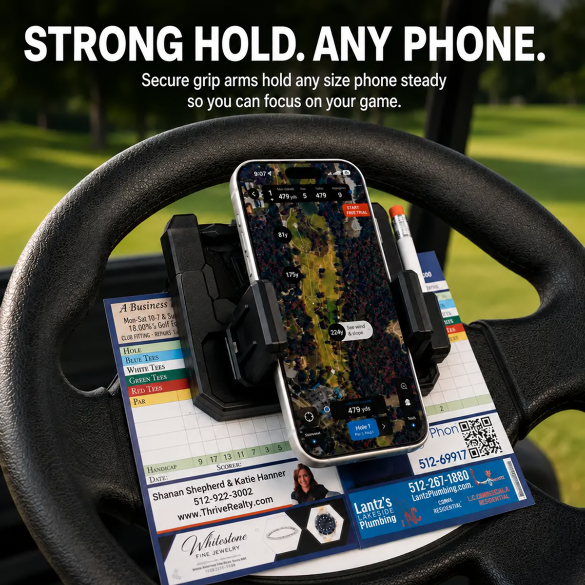 Spring-loaded golf cart phone mount holding a smartphone above a scorecard