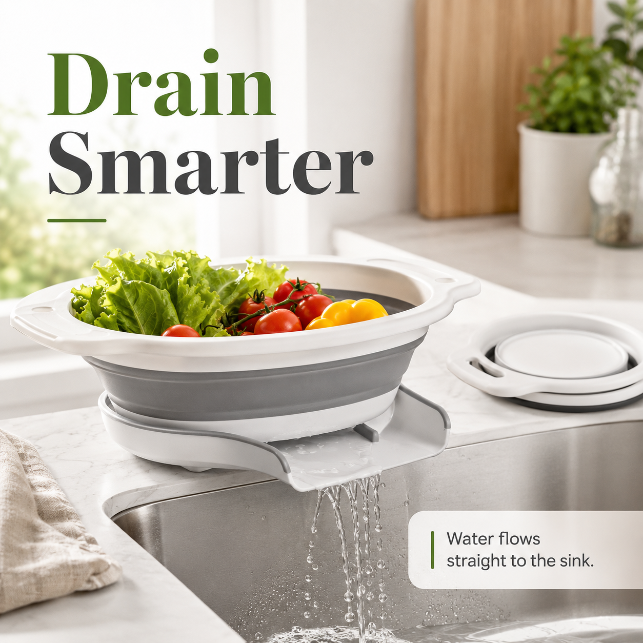 🥗 3-Piece Collapsible Colander Set – With Self-Draining Base Tray ✨