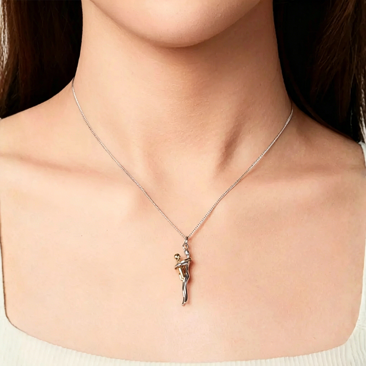 Hug Embrace Pendant Necklace for Mom & Child, Silver Gold Two-Tone Family Jewelry