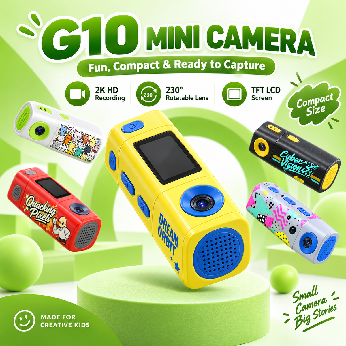 2K Digital Camera G10 TFT LCD Screen Keychain Camera Support Memory Card Very Small Camcorder Video Recorder 360° Rotatable Lens (White)