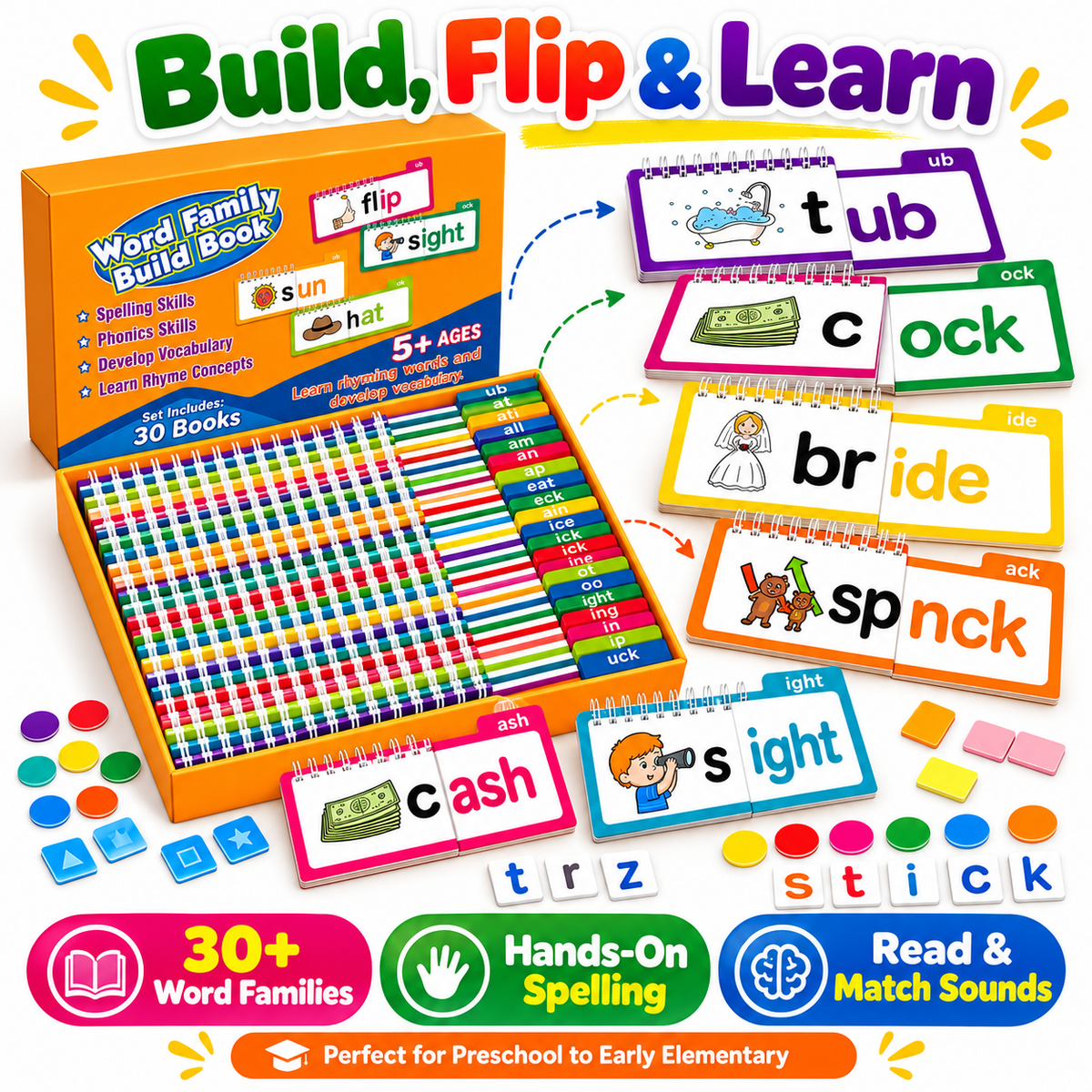 Colorful Word Family Build Books demonstrating the build flip and learn activity