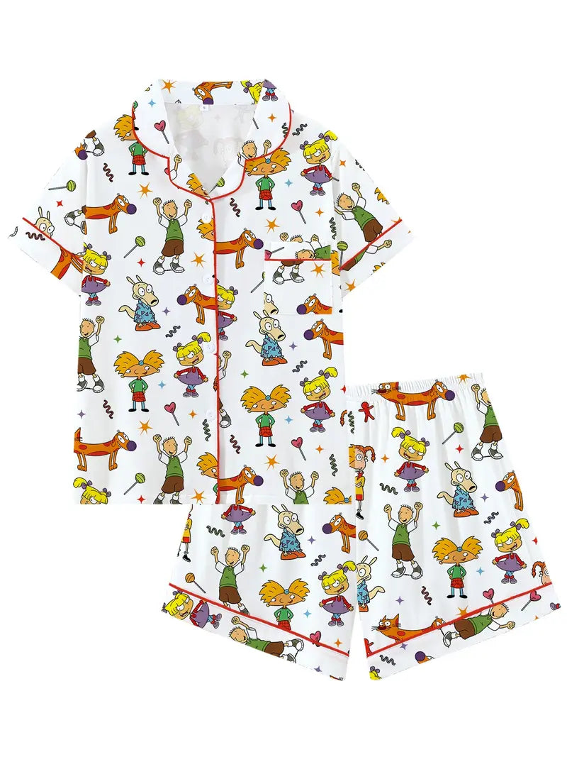 Teen Retro Cartoon Print Pajama Set -Soft Comfortable Short Sleeve Sleepwear
