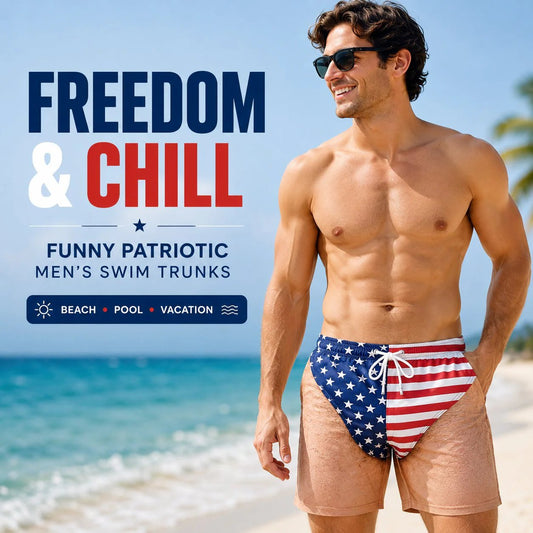 🏖️ Funny Patriotic Men's Swim Trunks| 🌊Freedom & Chill Beach Shorts