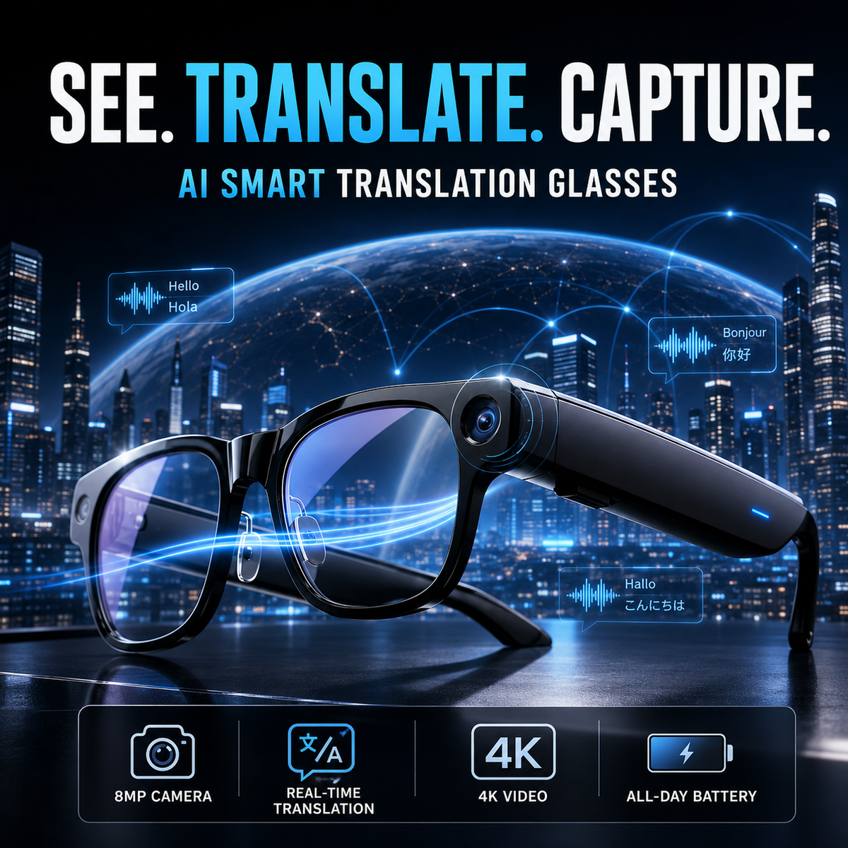 AI Vision Smart Glasses™—Real-time Translation, Camera, Music, and AI Assistant